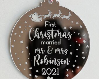 Personalised First Christmas Mr & Mrs, Christmas Tree Decoration, 1st Christmas Married, 2023 Christmas Bauble, Mr and Mrs Gift, Silver, CX6