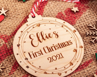 Personalised Baby's First Christmas Bauble, Christmas Tree Ornament, first Christmas decoration, New Baby Gift, 1st Christmas, Wood, CX17C