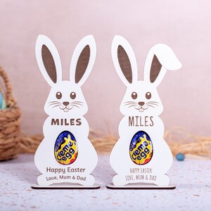 Easter Bunny Chocolate Egg Holder White 3 MDF Personalised, One floppy ear one with raised ear