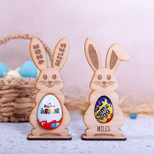 Easter Bunny Kinder and Creme Chocolate Egg Holder White 4mm Beech Veneered wood Personalised Easter Gift, One floppy ear one with raised ear