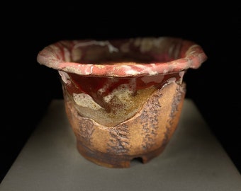 Red Tones Glazed Overhanging Rim, Stained Double Layered Textured Base, Hand Sculpted, Textured 8.5” Handmade Succulent Pot, Planter