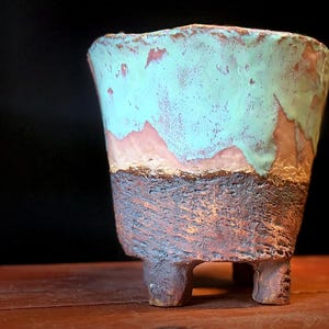 Handgefertigter Sukkulententopf, blau glasiert, mit Füßen, runder Topf (12,7 cm Durchmesser), Pflanzgefäß mit Abflussloch