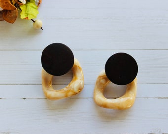 Elegant Geometric Earrings, Fashion Square and Circle Earring, Dangle Earrings, Big Geometric Brown and Beige Earrings