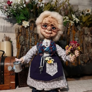 Granny Handmade Textile Doll Cheerful Granny With Watering Can