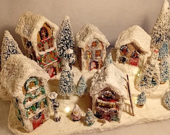SOLD. Christmas village with lights, handmade Christmas fantasy town, Christmas houses decoration, miniature fairy village, Christmas houses