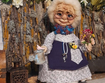 Handmade Textile Granny Doll With Watering Can & Flowers - Etsy