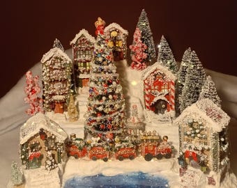 Handmade Christmas Village with Lights, Miniature Winter Town Decor