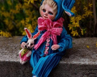 Funny Bunny boy handmade doll, textile doll on a wire frame, author&#39;s doll, Easter bunny, height 15 inches