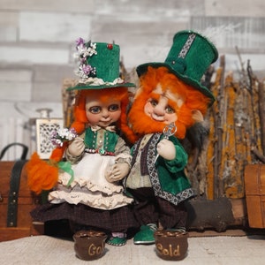 Leprechaun family, two handmade dolls, OOAK, textile dolls, designer dolls, leprechauns with gold