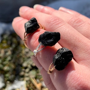 Raw Black Tourmaline Crystal Ring, rough tourmaline chunk, stackable, protection ring, gift ideas, natural black tourmaline