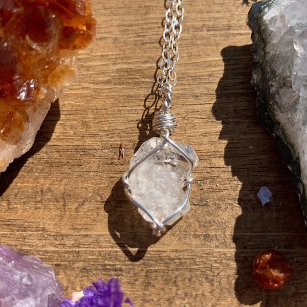 Small Herkimer Diamond Crystal Necklace, April Birthstone, handmade, natural herkimer diamond jewelry, gift