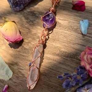 Raw Double Amethyst over Quartz Crystal Necklace, unique amethyst necklace, natural, amethyst pendant, wife gift, gift for her, anniversary