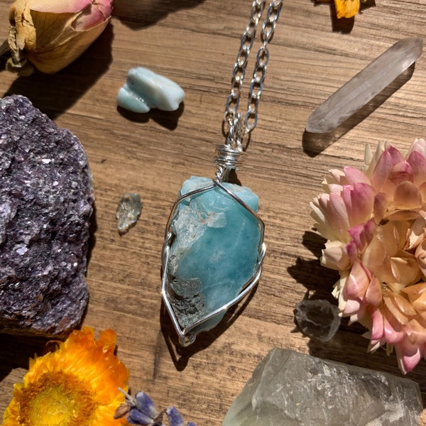 Small Larimar Crystal Necklace, Raw Larimar Stone, soothing, peace, larimar jewelry, large larimar necklace, gift ideas, anxiety, calming