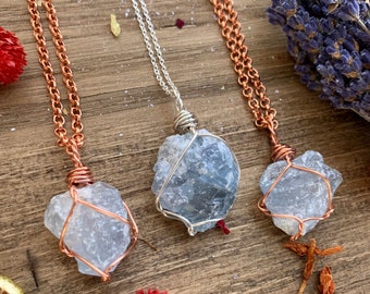 Raw Blue Celestite Crystal Necklace, pure copper, adjustable necklace, pure copper chain, raw, natural, celestite pendant, celestite jewelry