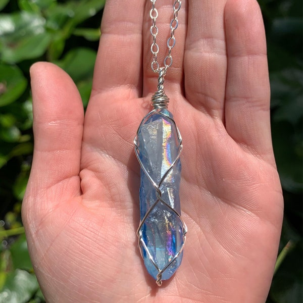 Aqua Aura Quartz Crystal Necklace, Aura Quartz Point, pure copper, blue stone, aura quartz pendant, aqua aura quartz jewelry, gift for her