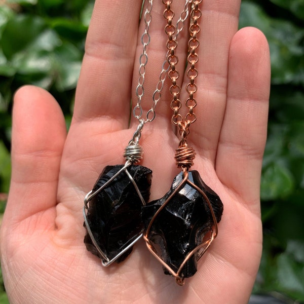 Black Obsidian Crystal Necklace, high quality, pure copper, natural stone, obsidian pendant, black obsidian jewelry, protection, gift ideas