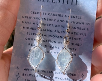 Raw Blue Celestite Earrings, Natural Crystal Earrings, pure copper, Dangle Crystal Earrings, celestite earrings, celestite jewelry, dangly
