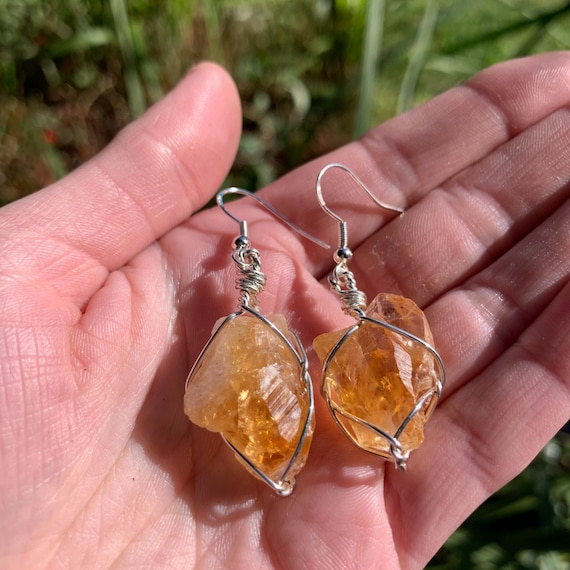 Raw Citrine Drop Earrings November Birthstone Natural Crystal