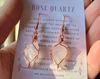 Raw Rose Quartz Drop Earrings, Natural Crystal Earrings, Dangle Crystal Earrings, rose quartz earrings, rose quartz jewelry, dangly earrings