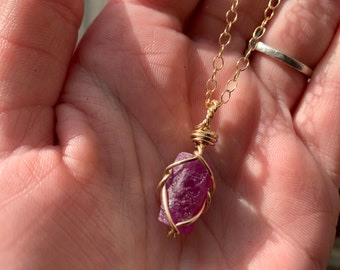 Raw Ruby Crystal Pendant Necklace, July Birthstone, Handmade