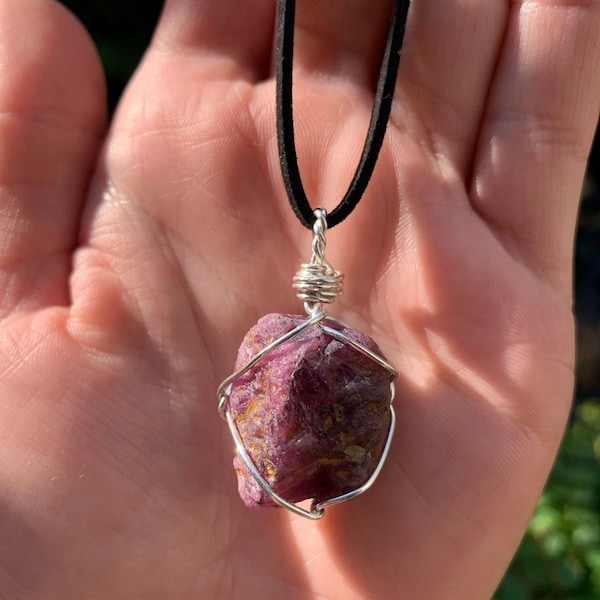 Raw Ruby Crystal Necklace, July Birthstone, precious gemstone, handmade, natural ruby jewelry, wealth crystal, ruby pendant