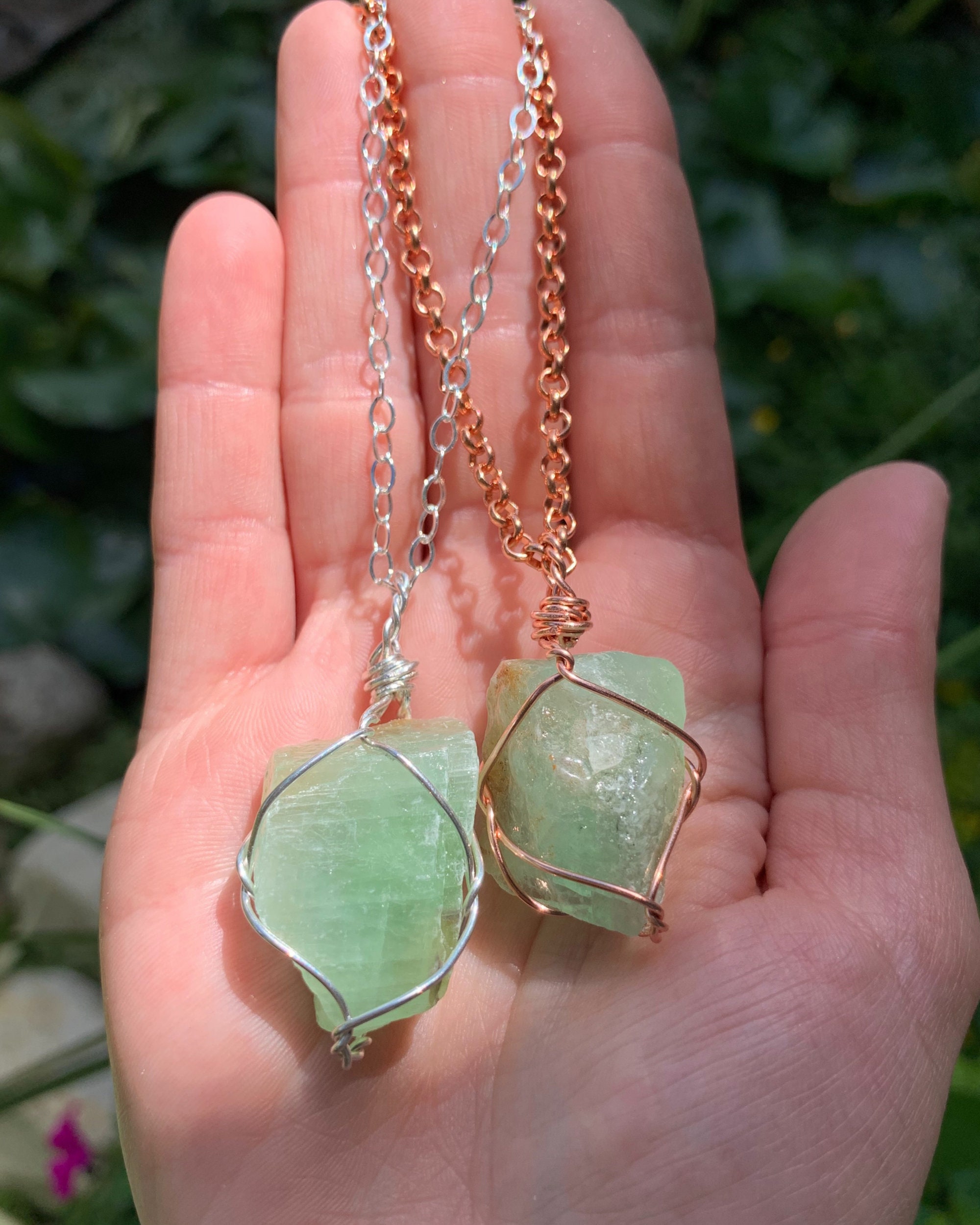 Green Calcite Crystal Necklace Raw Green Calcite Handmade
