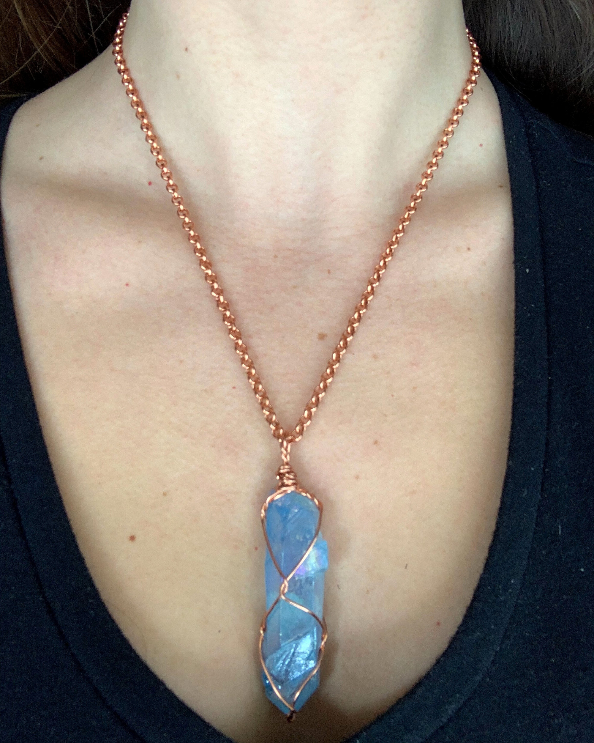 Aqua Aura Quartz Crystal Necklace, Aura Quartz Point, Pure Copper