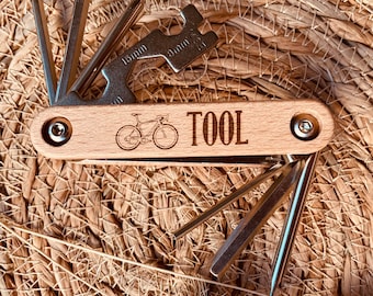 Fahrrad Multitool personalisiert Wunschtext, Abdeckungen aus Buchenholz, Geschenk individualisiert, Geschenk mit Gravur, Mama, Papa, Bike