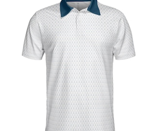 May include: White polo shirt with a teal collar and a pattern of small golf tees. The shirt has short sleeves and a three-button placket. The overall design is a subtle, repeating pattern on a white background.