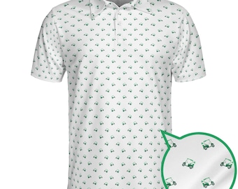 May include: White polo shirt with a repeating pattern of green golf carts. The shirt has a collared neckline and short sleeves. The golf cart design is a simple illustration.