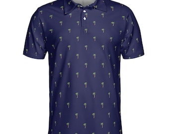 May include: Navy blue polo shirt with a repeating pattern of small green palm trees. The shirt has a collared neckline and a three-button placket. The short-sleeved shirt is made of a lightweight material.