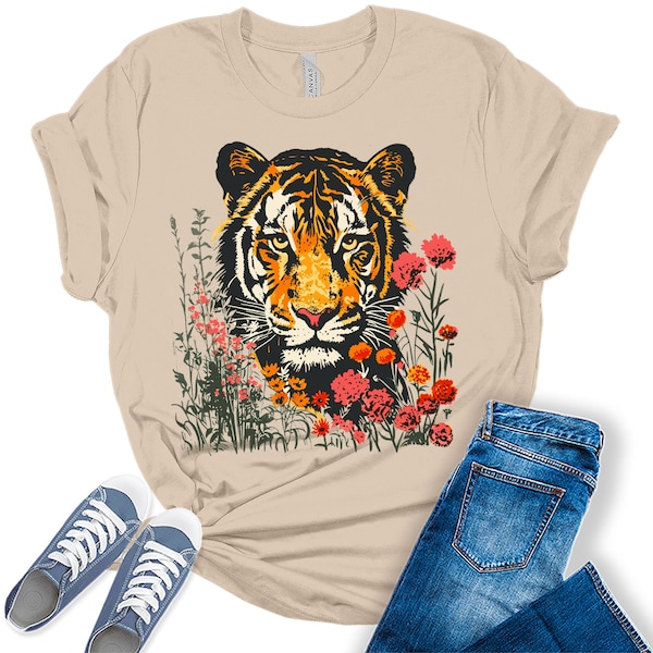 Tiger Shirt Cute Summer Graphic Tees for Women Short Sleeve Casual Trendy Floral Tops, Flower Shirt, Boho Wildflower Shirt, Gifts for Her