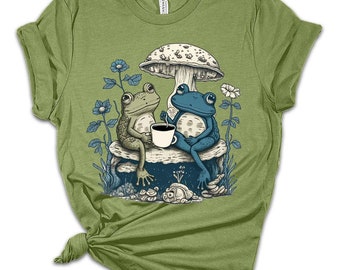 Frogs Having Tea Cottagecore T-Shirt, Cute Aesthetic T-Shirt, Floral Mushroom Shirt, Frog Lovers Shirt, Gifts for Her, Summer Shirt, Spring