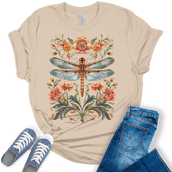 Trendy Floral Dragonfly Summer Boho Womens Graphic Tees, Gifts for Her, Animal Lovers Shirt, Aesthetic Clothing, Cute Shirt, Cute Boho Top