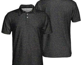 May include: Black polo shirt with a pattern of small yellow and purple dots. The shirt has a collared neckline, short sleeves, and a three-button placket. The image shows the front and back of the shirt.