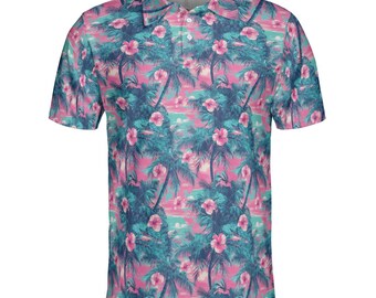 May include: A short-sleeved polo shirt with a tropical pattern. The shirt features a vibrant design of palm trees and hibiscus flowers in shades of pink, teal, and blue. It has a collared neckline and a button-down front.