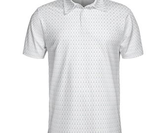 May include: White polo shirt with a subtle, repeating geometric pattern in light gray. The short-sleeved shirt features a classic collar and a three-button placket. This golf-style shirt is suitable for casual or athletic wear.