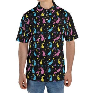 Easter Polo Golf Shirt for Men Neon Bunny Retro 80s Print Moisture Wicking Short Sleeve Top, Mens Polo, Polo Shirt for Men, Gifts for Him