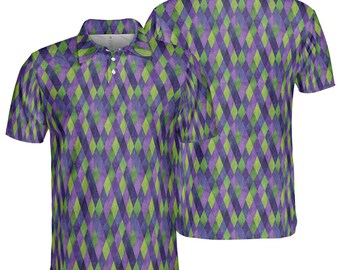 May include: A short-sleeved polo shirt with a repeating diamond pattern in shades of purple, green, and blue. The shirt has a collared neckline and a three-button placket. The image shows the front and back of the shirt.