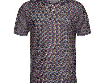 May include: Short-sleeved polo shirt with a colorful geometric pattern. The shirt features a classic collar, a three-button placket, and a vibrant design in shades of blue, pink, yellow, and black. The shirt is made of a lightweight material.