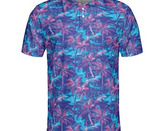May include: A short-sleeved polo shirt with a vibrant tropical print. The shirt features a pattern of pink and purple palm trees set against a blue and purple background. It has a collared neckline and a three-button placket.