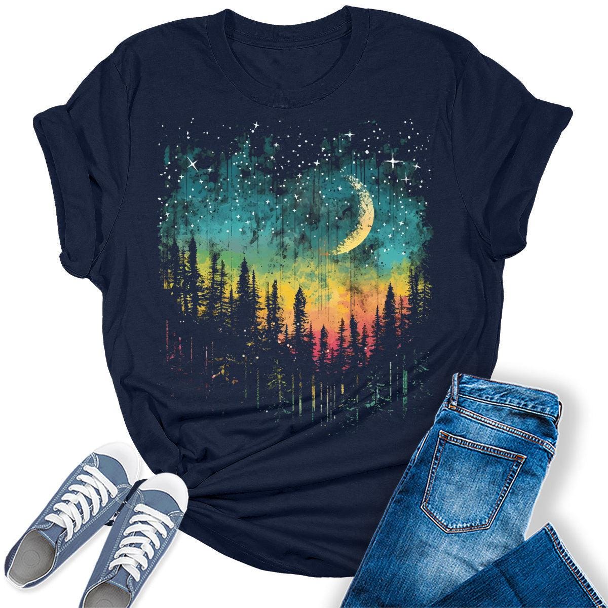 Women s Crescent Northern Lights Camping Forest Graphic Tees Gifts for Her Fall Shirt Trendy Autumn Shirt Cute Fall Tshirt Hiking Top Etsy