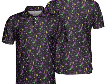 May include: A black polo shirt with a colorful splatter pattern in purple, green, and yellow. The shirt has a classic collar, three white buttons, and short sleeves. The image shows the front and back of the shirt.