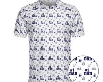 May include: White golf polo shirt with a repeating pattern of golf-related icons and the text "#1 DAD" in navy blue. The design includes golf carts, golf clubs, and beer mugs. The shirt has short sleeves and a collared neckline.
