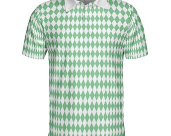 May include: A short-sleeved polo shirt with a white collar and a green and white diamond pattern. The shirt has a three-button placket and is made of a lightweight fabric.