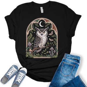 Womens Owl Mushroom Moon Graphic Tees Spring Moth Cottagecore T Shirts Bella Summer Tops, Aesthetic Goblincore Shirt, Gifts for Her