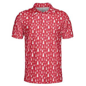 Men&#39;s Red Christmas Tree Polo Festive Holiday Moisture Wicking Short Sleeve Golf Shirt, Holiday Polo, Trendy Mens Polo, Gifts for Him