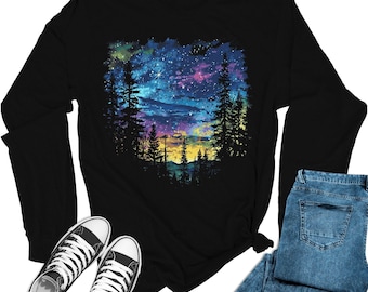 Tie Dye Night Sky Graphic Tee: Women's Long Sleeve Hiking Shirt