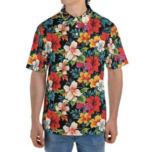 Tropical Floral Hawaiian Polo Shirts for Men Moisture Wicking Short Sleeve Golf Shirt, Trendy Mens Polo, Gifts for Him, Mens Hawaii Shirt