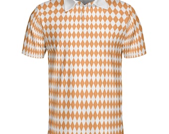 May include: A short-sleeved polo shirt featuring a repeating diamond pattern in orange and white. The shirt has a white collar and a three-button placket. The overall design is a geometric pattern.